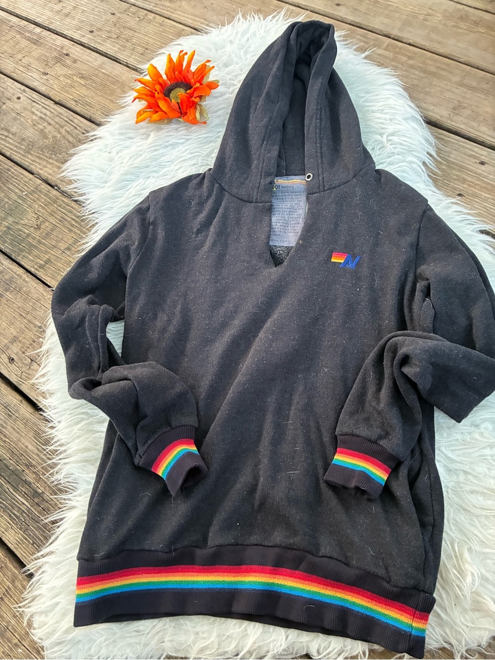 Aviator Nation Black Crewneck Sweater with Rainbow Trim